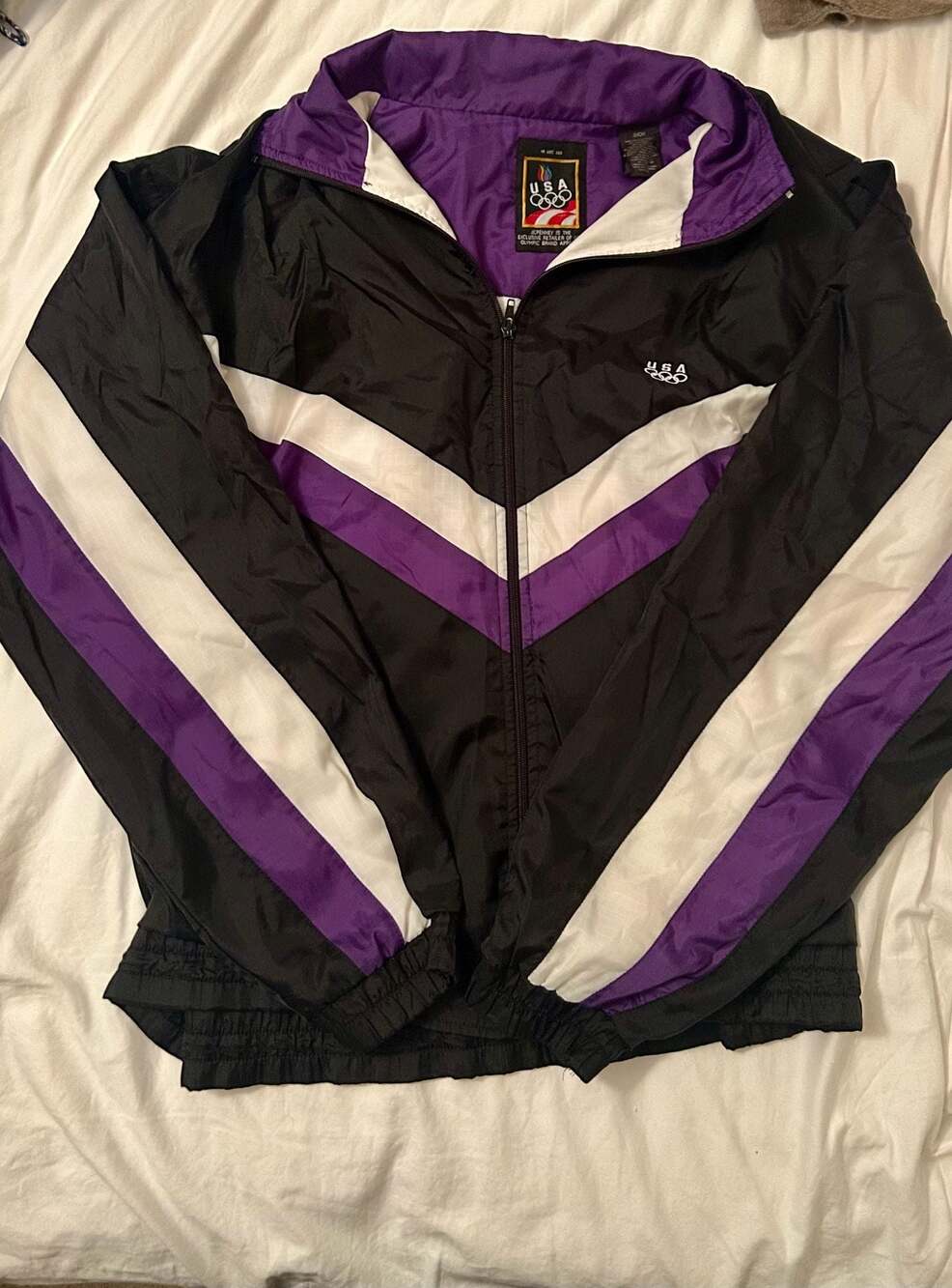 1990s Vintage Olympics USA Colorblock Windbreaker Jacket Black Purple White Size